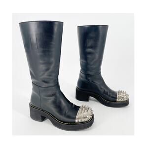 Miu Miu FW 2020 Runway Black Spiked Square Cap Toe Mid-Calf Moto Boots IT 36